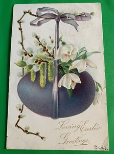 Purple Egg, Ribbon, Flowers, Pussy Willows ~ Easter Postcard ~ 1907 Embossed UDB - Picture 1 of 2