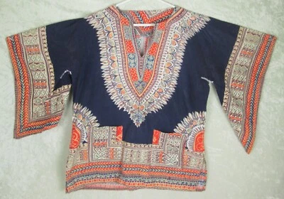 Camisa Pakistán Dashiki Top Ala de Ángel Azul Naranja Vintage Reparaciones Foto 1 de 4