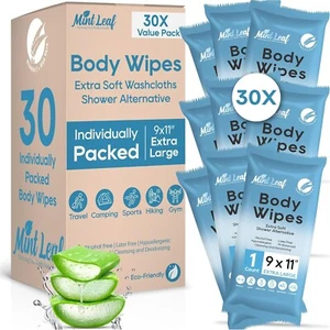 XL Deodorizing Body Wipes with Vitamin E Aloe Scent 9x11 | 30 Individually Packs - Picture 1 of 4