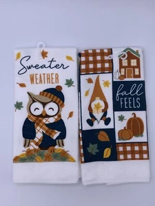 Kitchen Hand Dish Towel Owl Gnome Fall Feels Sweater Weather Autumn - Picture 1 of 2