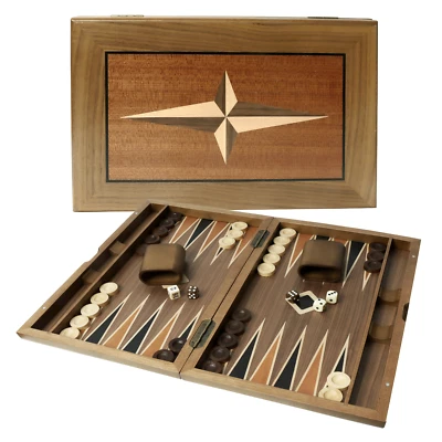 Classic 17" Large Wood Backgammon Board Game Set. Inlay Star Board w/Game Pieces - Image 1 of 4