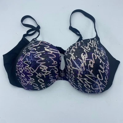 Sujetador Victoria's Secret Forrado Demi 36B Negro Púrpura Estampado de Escrituras Cómodo Foto 1 de 3