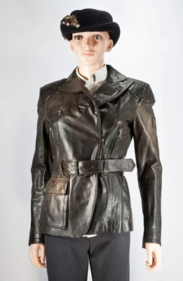 Chaqueta Belstaff de cuero genuino negra con cinturón, para mujer XS, 42 EUR, etiqueta dorada Foto 1 de 4