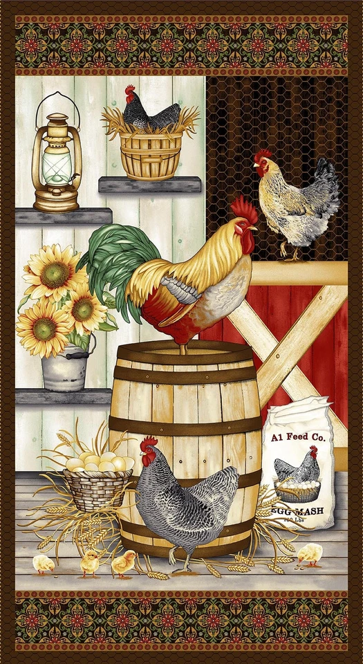 Painel de tecido 24" | Henry Glass Chicken Shack Hen Barn Scene marrom - Imagem 1 de 1