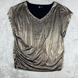 Rock & Republic Shirt Womens Large Metallic Gold Black V-Neck Ruched Studded Top - Picture 1 of 7