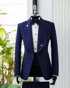 Navy Blue Luxury Rhinestone Suits for Men's Wedding Groom Wear 2 Pieces Slim Fit - Picture 1 of 8