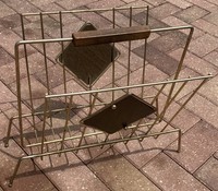 Mid Century LP Record Rack brass plate gold metal wood handle wire Danish MCM