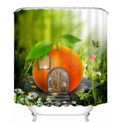 Hermosa Cortina de Ducha Naranja Cabaña 3D Poliéster Baño Decoración Impermeable Foto 1 de 4