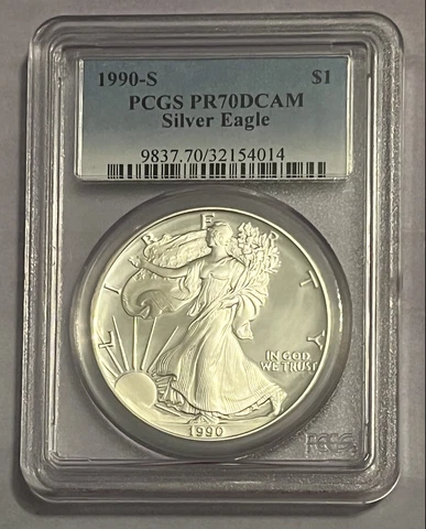 1990 S American Silver Eagle PCGS PR70 DCAM Blue Label Cover