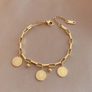 Woman 18K Gold Plated Elizabeth Queen Beaded Charm Box Chain Bracelet Bangle - Picture 1 of 5