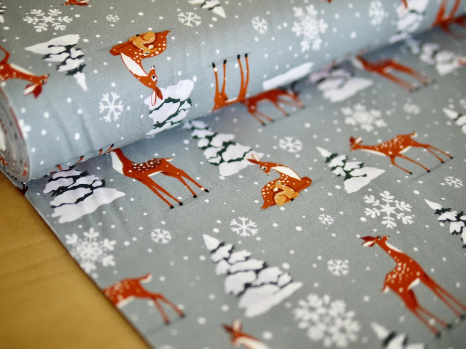Baumwoll-Jersey, Jersey, Kleiderstoff, T-Shirt-Stoff BAMBI, Reh, Wald, Schnee - Bild 1 von 4