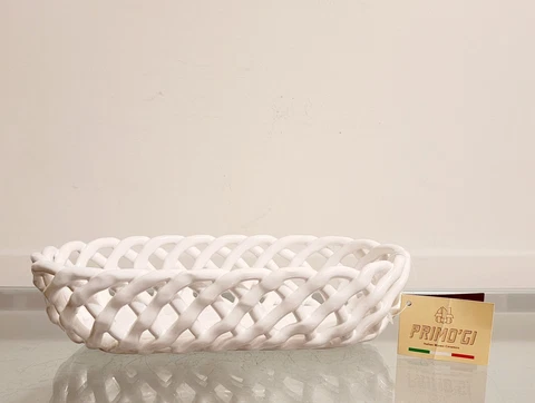 PRIMO'GI Italy Ceramic Woven White Bread Basket 12" x 7" NEW Cover