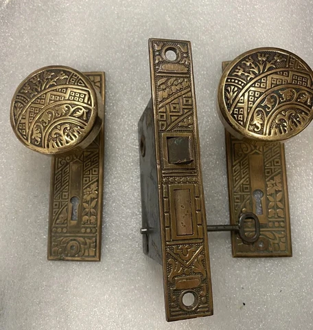 Antique Brass Door Set, Lock, Knobs, Plates,  by Corbin "Ceylon" c1895 Cover