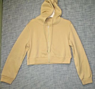 Sudadera corta con capucha de felpa francesa con cremallera completa para mujer color tostado talla S Foto 1 de 4