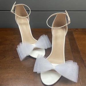 Peep Toe White Bow (clips) Heels 9 Ankle Strap Wedding Prom Sorority Dance  - Picture 1 of 17