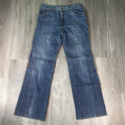 Винтажные женские джинсы 33x29 широкая штанина расклешенная вышитая джинсовая ткань вестерн покрой ботинок - Изображение 1 из 4