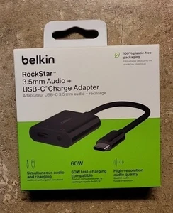 Authentic Belkin Rockstar 3.5MM Audio + USB-C Charge Adapter - Black Brand New - Picture 1 of 5