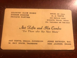 Tarjeta de visita de colección Art Tofte and His Combo Dinner Music Wichita Falls Texas TX - Imagen 1 de 2