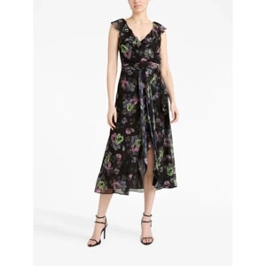 Vestido CINQ A SEPT Laure Floral Volantes Midi Medianoche Negro Gasa Coqueta 4 - Imagen 1 de 14