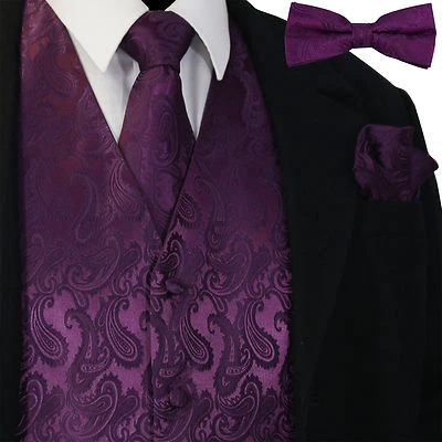 Dark Purple Men Paisley Tuxedo Dress Vest Waistcoat & Necktie, Bowtie And Hanky - Image 1 of 4
