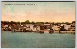 1938 PM WATERFRONT FROM THE BRIDGE BEAUFORT SC HANDCOLORED ALBERTYPE POSTCARD - Picture 1 of 2