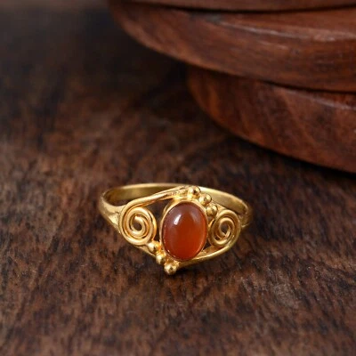 Carnelian 戒指 金色 黄铜 女士戒指 订婚戒指 手工制作 礼物 给她 — 第 1/4 张图片