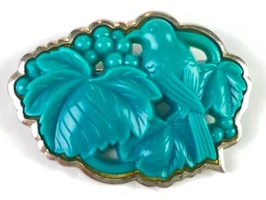 Large Vintage Sterling Silver & Molded Glass Brooch - Bird & Berries (19g) - Picture 1 of 11