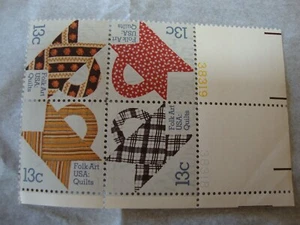 Vintage US POSTAGE 13 cent stamps PLATE BLOCK Folk Art USA Quilts MNH - Picture 1 of 1