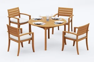 5-Piece Outdoor Teak Dining Set: 48" Round Table, 4 Stacking Arm Chairs Trav - Picture 1 of 7