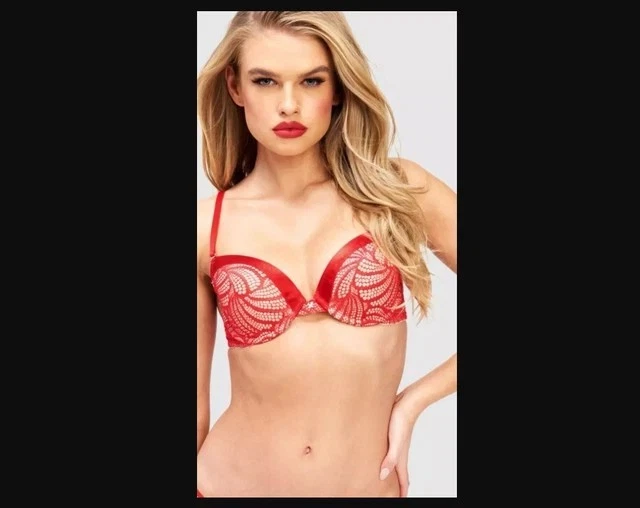 ¡NUEVO CON ETIQUETAS! Sujetador Frederick's of Hollywood Exxtreme Cleavage de encaje rojo 38C Foto 1 de 4