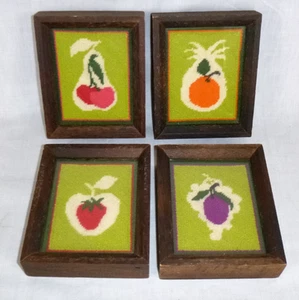 Set of 4 Vtg Needlepoint Framed Pictures Fruits Cherry Plum Strawberry Orange - Picture 1 of 8