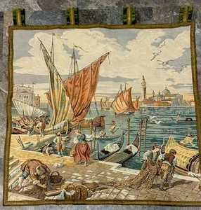 Italian Jacquard Woven Wall Tapestry-Barconi/Venetian Port Themed-Fabric Back- - Picture 1 of 10