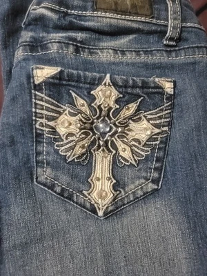 Jean de mezclilla ZCO para mujer talla adornado bolsillos cruzados talla 9 azul tiro bajo  Foto 1 de 4