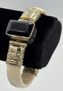 Antique East Indian Silver & Ivory w/ Emerald Cut Smokey Quartz. Bangel Bracelet - Picture 1 of 16
