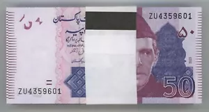Pakistan 50 Rupien 2023 Pick 47 UNC unzirkuliertes Banknotenpaket 100 Banknoten - Bild 1 von 2