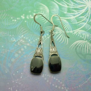 French Looking Vintage Sterling Silver Earrings - Black Onyx - Picture 1 of 2