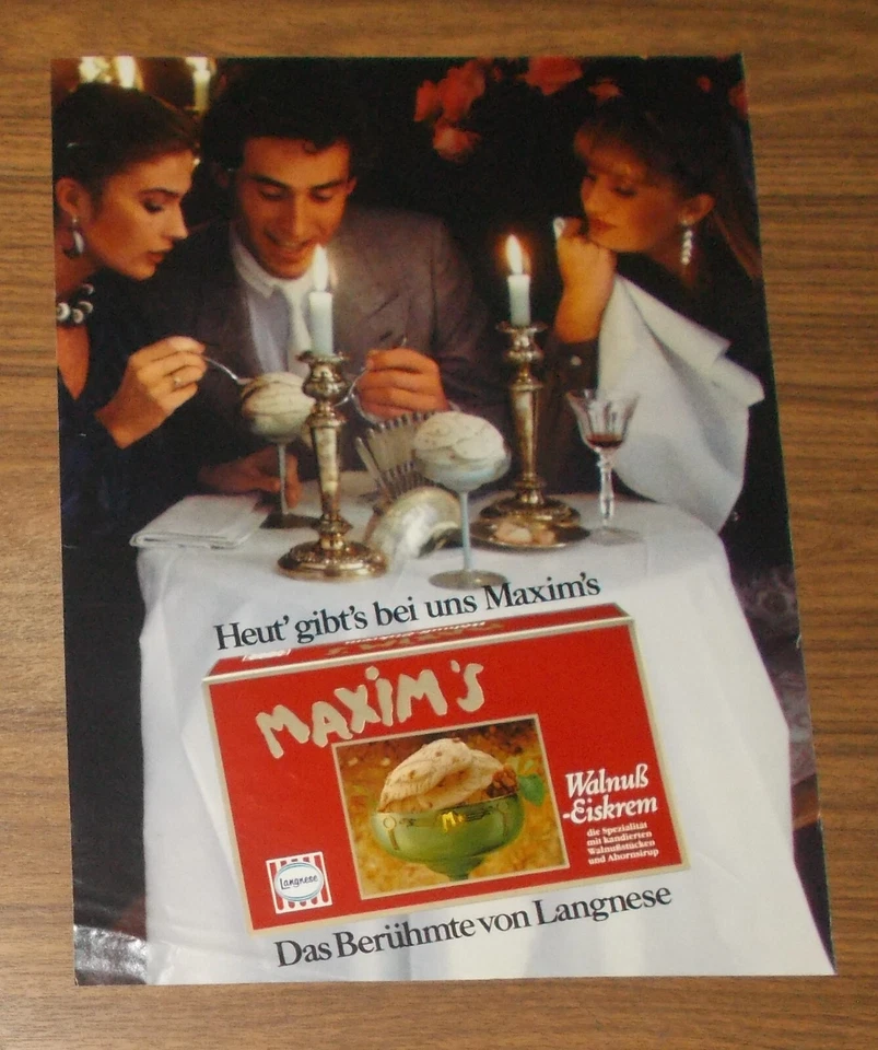 Seltene Werbung Langnese MAXIM'S WALNUSS-EISKREM - Dinner bei Kerzenlicht 1982 - Bild 1 von 1