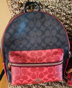 Coach Medium Charlie Signature Brown With Red Backpack, Coach Bucket Hat NWT - Picture 1 of 10