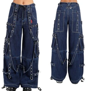 Pantalones góticos para hombre hilos reflectantes Pent negros punk hebilla cremalleras cadena pantalones - Imagen 1 de 2
