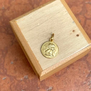 14KT Yellow Gold Solid Angel Raphael Matte Round Medal Pendant Charm 12mm Small - Picture 1 of 7