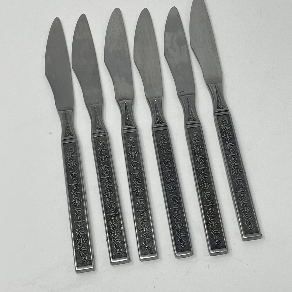 Stylecraft SYF10 Stainless Steel 6 Dinner Knives Glossy Square Tip Scroll Japan+ - Image 1 of 4