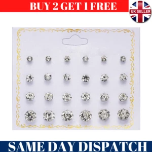 A Set Of 12 Pairs Silver Cubic Zirconia Stud Earrings Small Round CZ Set Pack UK - Picture 1 of 5