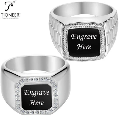 Stainless Steel Square Biker Style Flat Top w /CZ Signet Ring w/ Free Engraving - Image 1 of 4