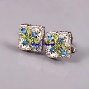 Natural London Blue topaz & Peridot Gemstones 925 Sterling silver Cufflinks #12 - Picture 1 of 6