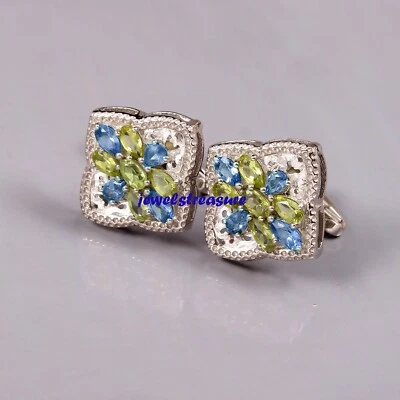 Natural London Blue topaz & Peridot Gemstones 925 Sterling silver Cufflinks #12 - Image 1 of 4