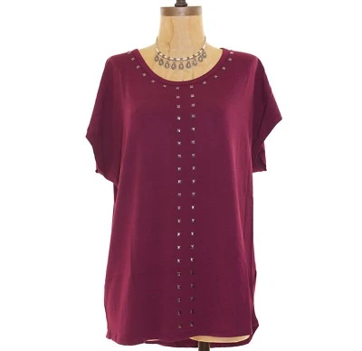 Two By Vince Camuto Top M Detalhe Frisado Mistura de Algodão Borgonha Escritório NOVO B50 - Imagem 1 de 3