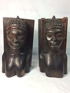 Set of Vintage Old Ebony Wood African Man and Woman with Headdress Bookends - Picture 1 of 12