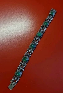 Très beau ancien bracelet articulé en argent massif et cabochons vert sanglier  - Imagen 1 de 10