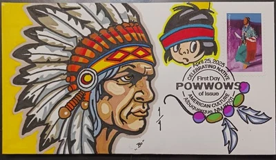 2025 PowWows First Day Cover ~ Hand Drawn Colored 1/1~ Indian Culture  - Image 1 of 2
