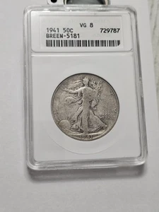 1941 ERROR WALKING LIBERTY HALF DOLLAR MISSING "AW" SILVER Breen-5181 ANACS - Picture 1 of 6